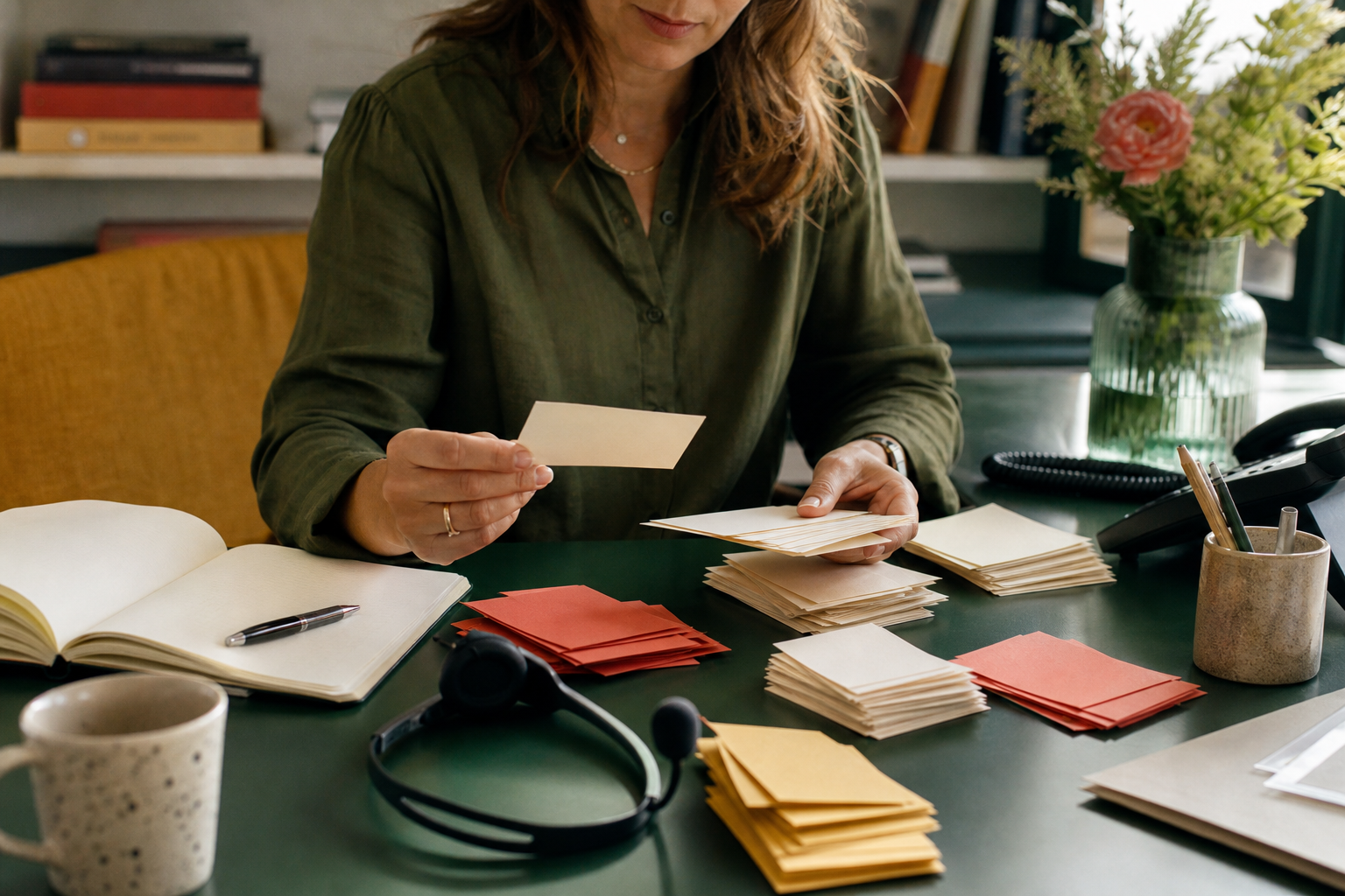 Communicatiemedewerker sorteert echte klantvragen naast een open notitieboek